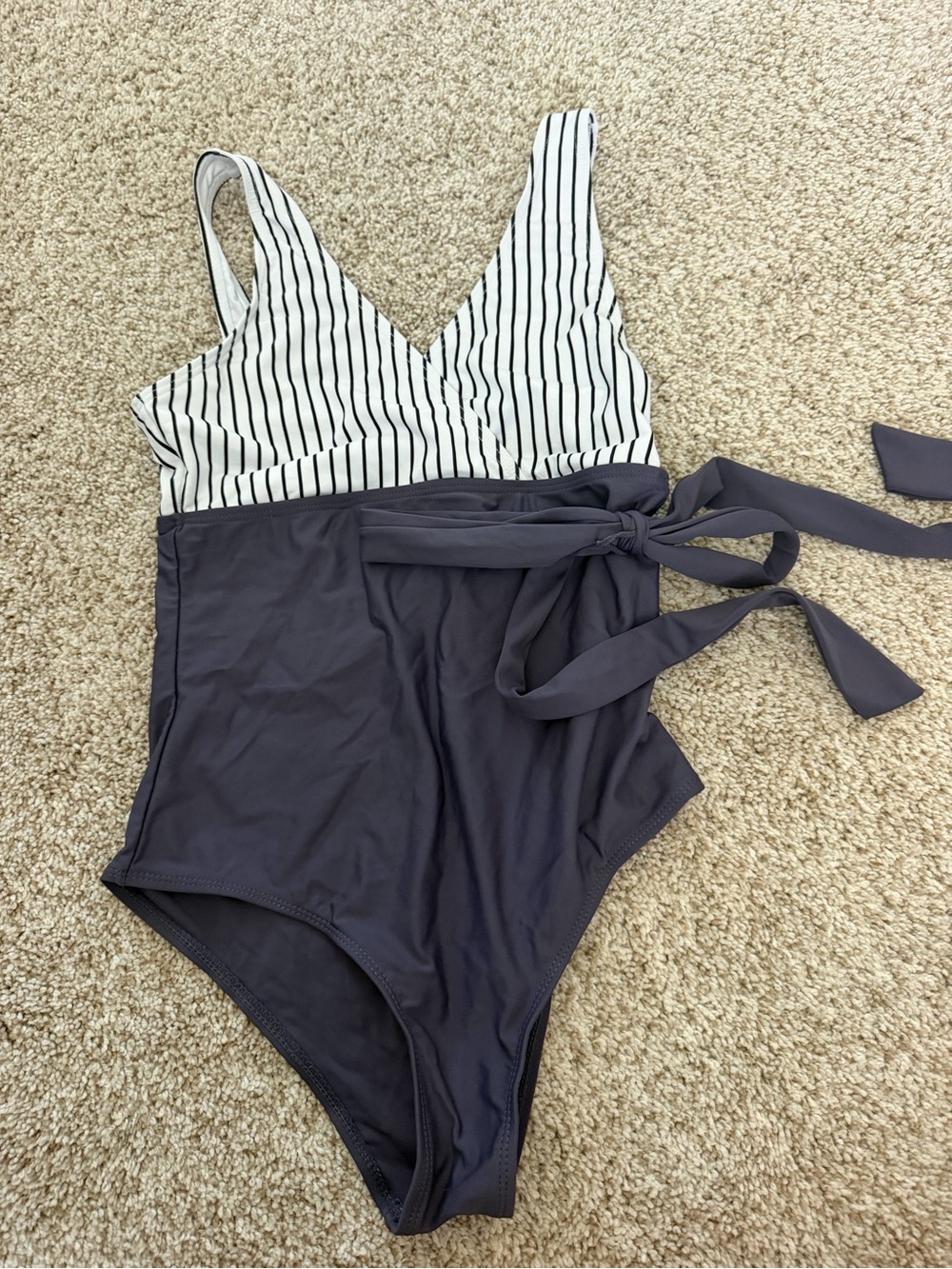 SHEIN Black and White Striped V-Neck One-Piece Swimsuit with Waist Tie